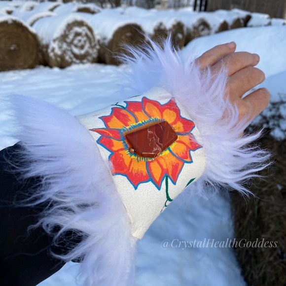 Sheepskin Hand Painted Statement Wrap Bracelet With Healing Stones - Picture 1 of 8